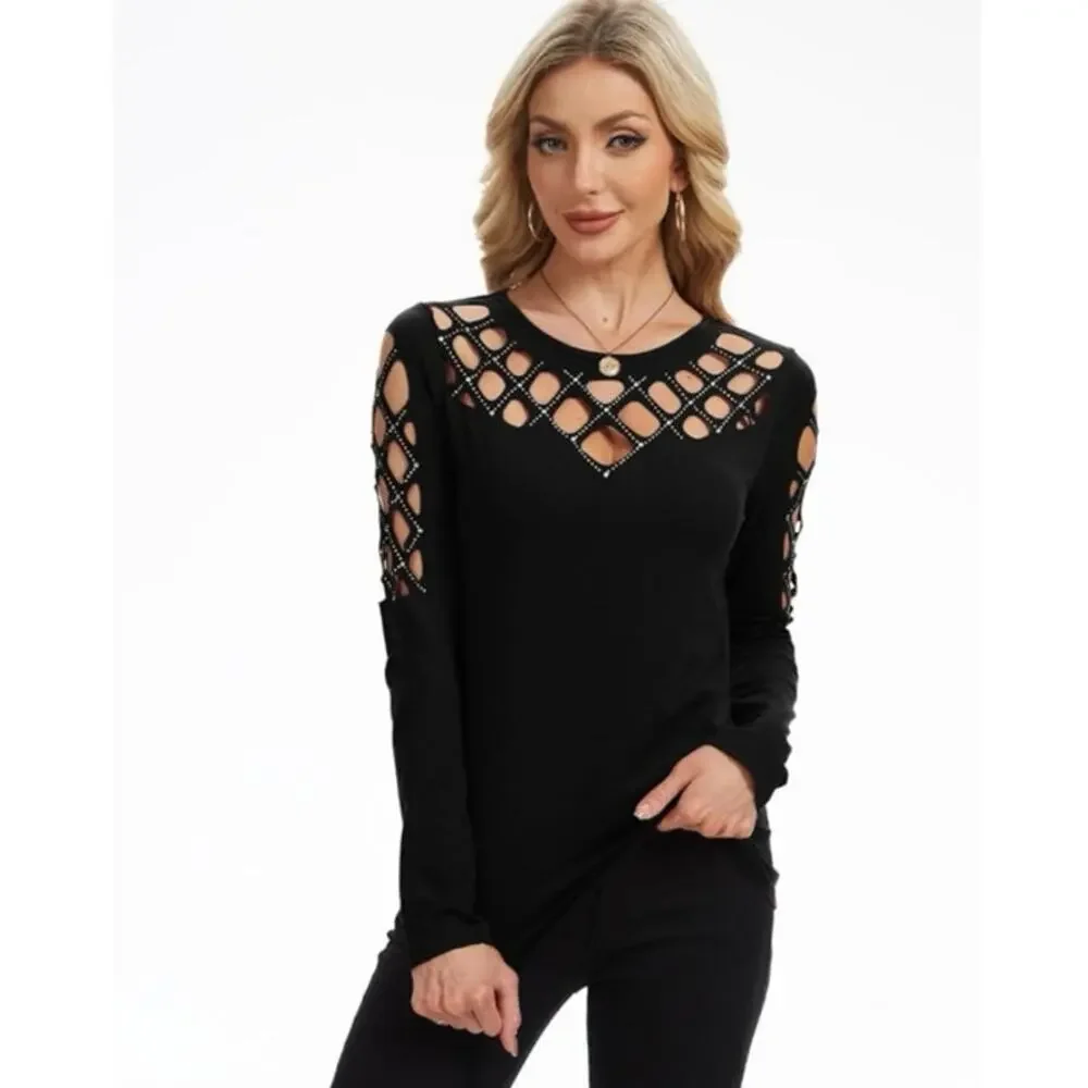 NEW Black Lattice Cutout Long Sleeve Top Edgy Chic Stretchy Crisscross Small - Picture 4 of 13